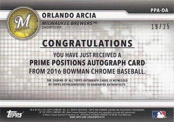 2016 Bowman Chrome - Prime Position Autographs Orange Refractor #PPA-OA Orlando Arcia Back