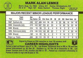 1990 Donruss The Rookies #43 Mark Lemke Back