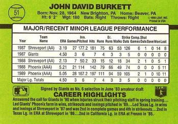 1990 Donruss The Rookies #51 John Burkett Back