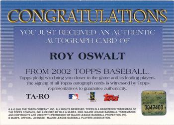 2002 Topps - Autographs #TA-RO Roy Oswalt Back