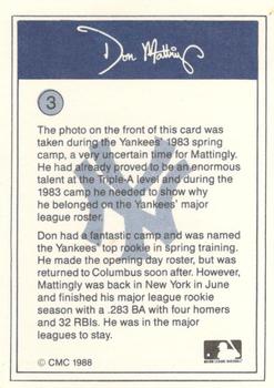 1988 CMC Don Mattingly Baseball Card Kit #3 Don Mattingly Back