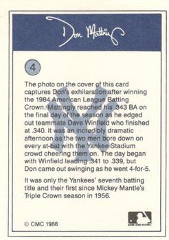 1988 CMC Don Mattingly Baseball Card Kit #4 Don Mattingly Back