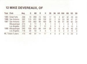1989 French/Bray Baltimore Orioles #NNO Mike Devereaux Back