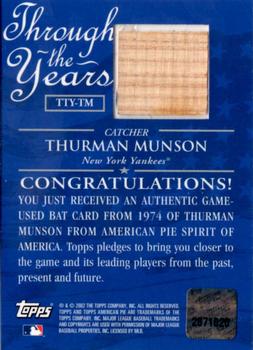 2002 Topps American Pie Spirit of America - Through the Year Relics #TTY-TM Thurman Munson Back