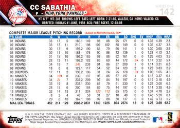 2016 Topps - Limited #142 CC Sabathia Back