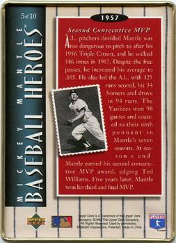 1995 Upper Deck Baseball Heroes Mickey Mantle 10-Card Tin #5 Mickey Mantle Back