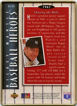 1995 Upper Deck Baseball Heroes Mickey Mantle 10-Card Tin #6 Mickey Mantle Back