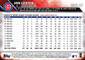 2016 Topps Chicago Cubs World Series Champions Box Set #WS-17 Jon Lester Back