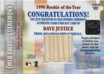 2002 Topps Gold Label - MLB Awards Ceremony Relics Class 1 Gold #ACR-DJ David Justice Back