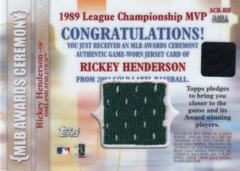 2002 Topps Gold Label - MLB Awards Ceremony Relics Class 3 Titanium #ACR-RH Rickey Henderson Back