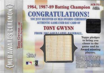 2002 Topps Gold Label - MLB Awards Ceremony Relics Class 3 Titanium #ACR-TG1 Tony Gwynn Back