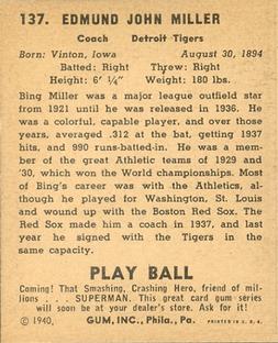 1940 Play Ball #137 Bing Miller Back