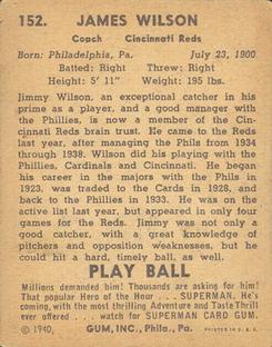 1940 Play Ball #152 Jimmie Wilson Back