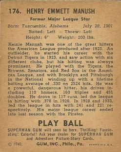 1940 Play Ball #176 Heinie Manush Back