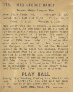 1940 Play Ball #178 Max Carey Back