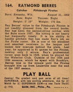 1940 Play Ball #164 Ray Berres Back
