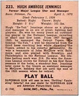 1940 Play Ball #223 Hughie Jennings Back