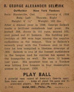 1940 Play Ball #8 George Selkirk Back