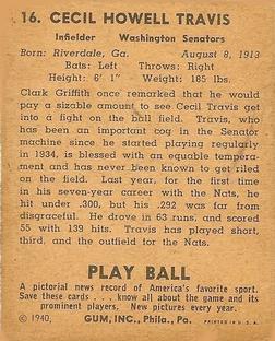 1940 Play Ball #16 Cecil Travis Back