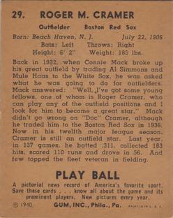 1940 Play Ball #29 Doc Cramer Back