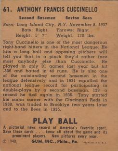 1940 Play Ball #61 Tony Cuccinello Back