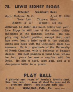 1940 Play Ball #78 Lew Riggs Back