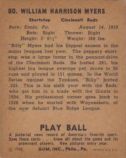 1940 Play Ball #80 Bill Myers Back