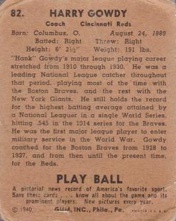 1940 Play Ball #82 Hank Gowdy Back