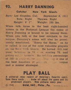 1940 Play Ball #93 Harry Danning Back