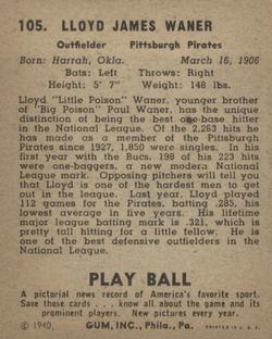 1940 Play Ball #105 Lloyd Waner Back