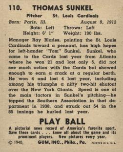 1940 Play Ball #110 Tom Sunkel Back