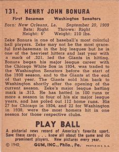 1940 Play Ball #131 Zeke Bonura Back