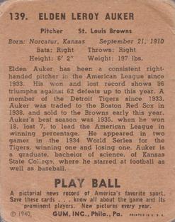 1940 Play Ball #139 Elden Auker Back
