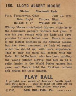 1940 Play Ball #150 Whitey Moore Back