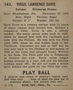 1940 Play Ball #163 Spud Davis Back