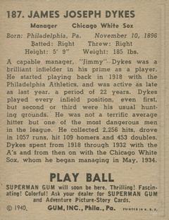 1940 Play Ball #187 Jimmie Dykes Back