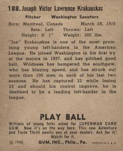 1940 Play Ball #188 Joe Krakauskas Back