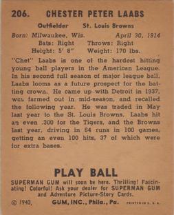 1940 Play Ball #206 Chet Laabs Back