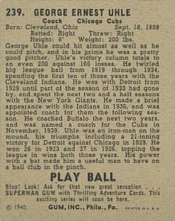 1940 Play Ball #239 George Uhle Back