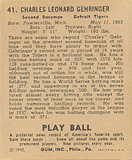 1940 Play Ball #41 Charlie Gehringer Back