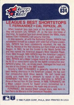 1990 Fleer #634 Leagues Best Shortstops (Tony Fernandez / Cal Ripken, Jr.) Back