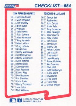 1990 Fleer #654 Checklist: Athletics / Cubs / Giants / Blue Jays Back