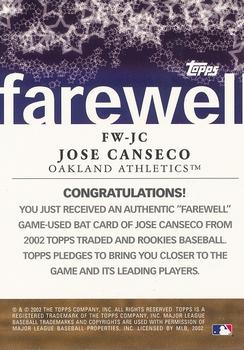 2002 Topps Traded & Rookies - Farewell Relic #FWJC Jose Canseco Back