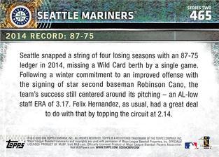 2015 Topps Mini - Gold #465 Seattle Mariners Back