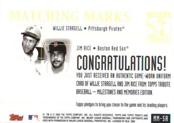 2002 Topps Tribute - Matching Marks Dual Relics #MM-SR Willie Stargell / Jim Rice Back