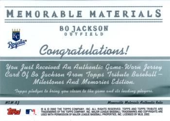 2002 Topps Tribute - Memorable Materials #MEM-BJ Bo Jackson Back
