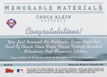 2002 Topps Tribute - Memorable Materials #MEM-CK Chuck Klein Back