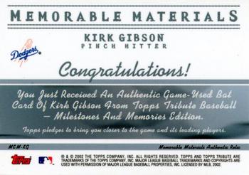 2002 Topps Tribute - Memorable Materials #MEM-KG Kirk Gibson Back