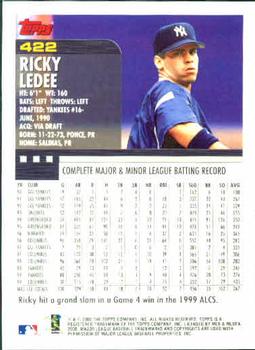 2000 Topps #422 Ricky Ledee Back