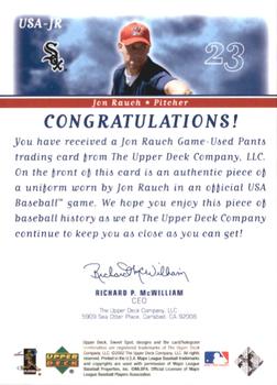 2002 Upper Deck Sweet Spot - USA Jerseys #USA-JR Jon Rauch  Back
